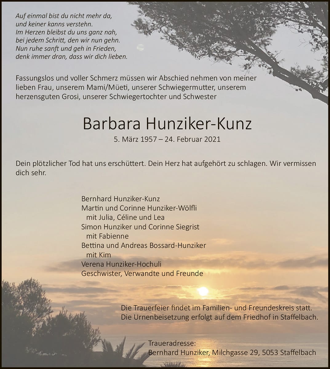 Todesanzeige Barbara Hunziker-Kunz 1957 | Der Landanzeiger