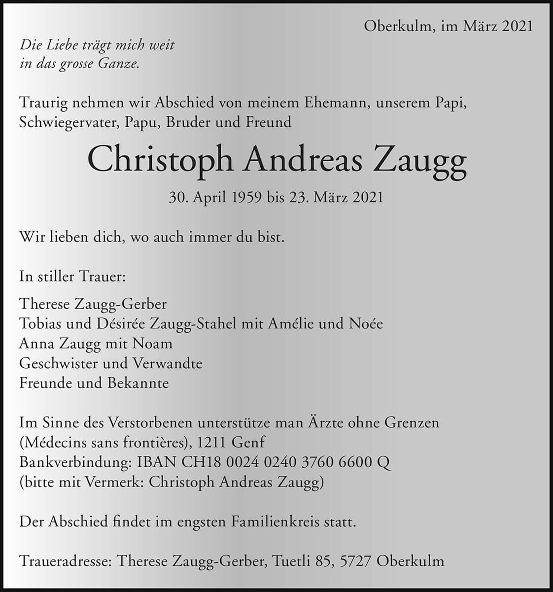 Todesanzeige Christoph Andreas Zaugg 1959 | Der Landanzeiger