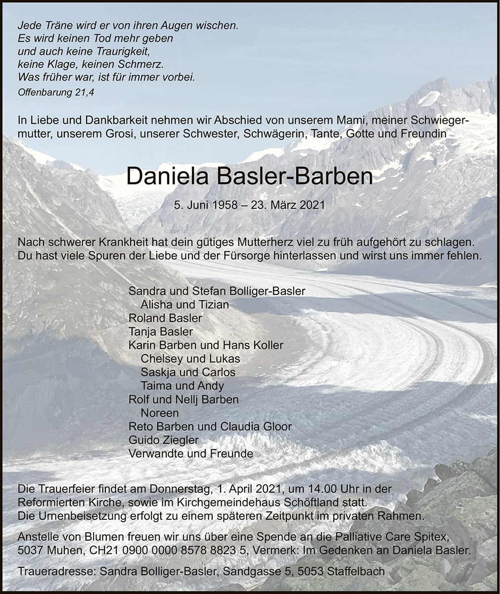 Todesanzeige Daniela Basler-Barben 1958 | Der Landanzeiger
