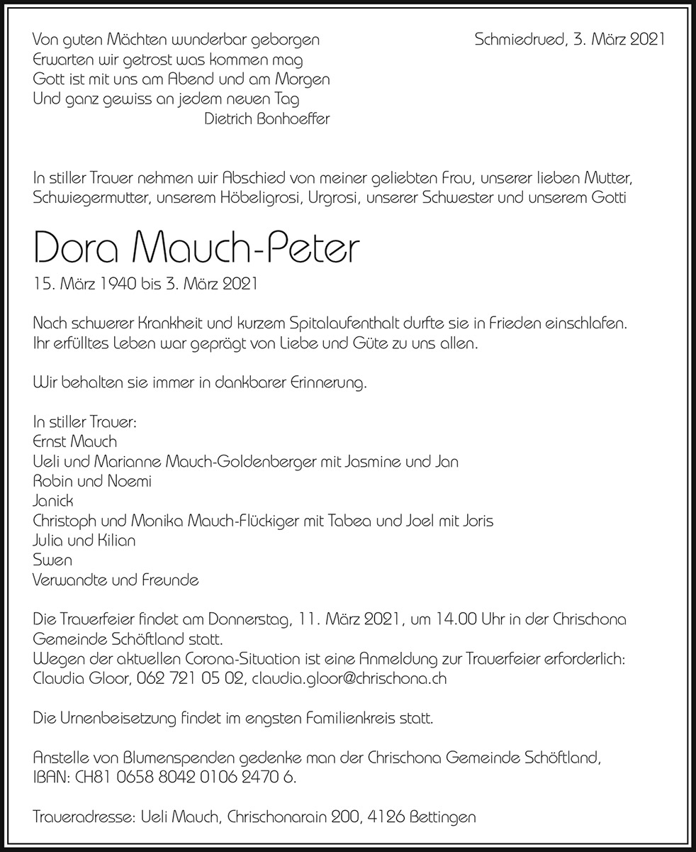Todesanzeige Rolf Müller 1953 | Der Landanzeiger