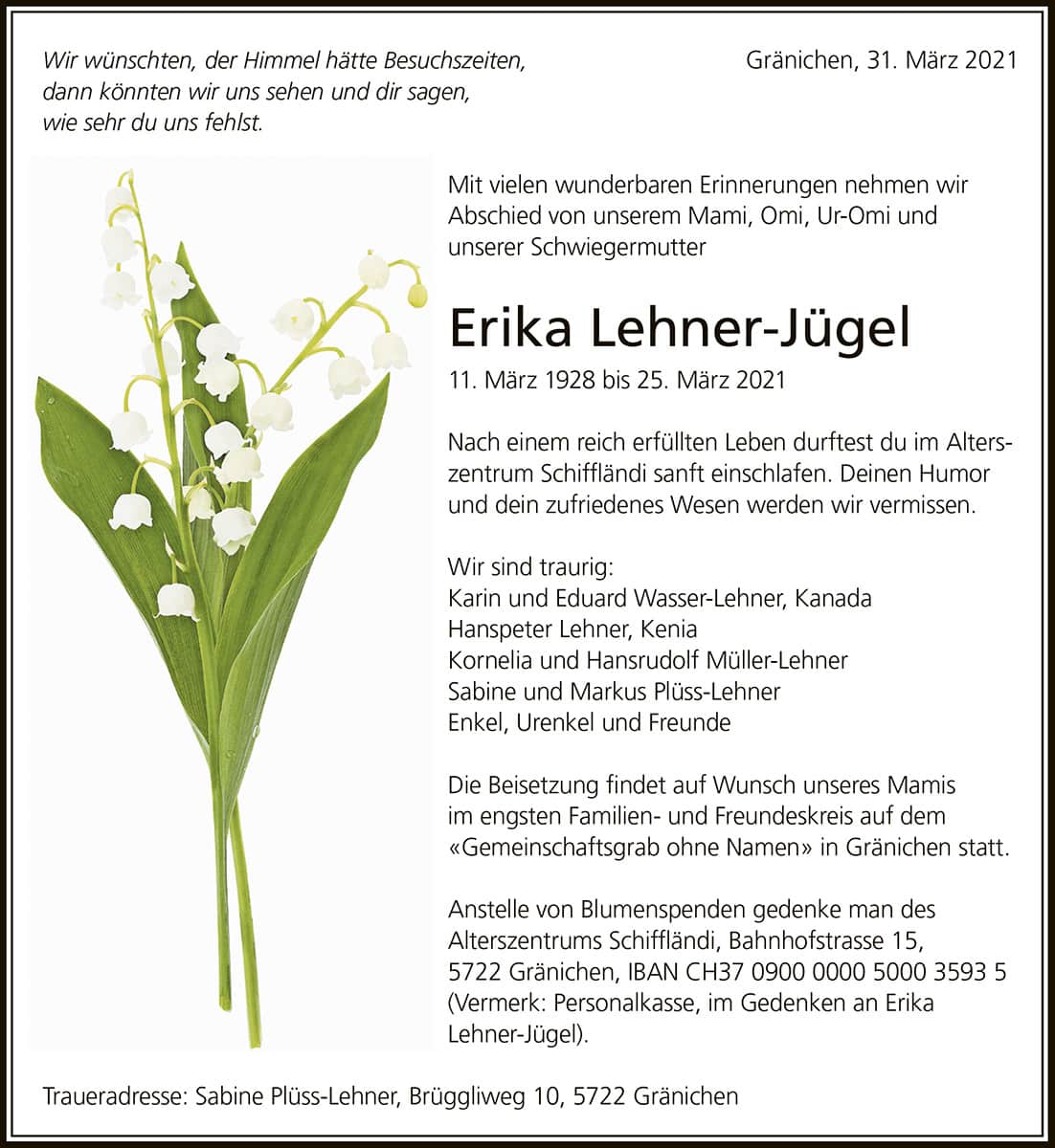 Todesanzeige Erika Lehner-Jügel 1928 | Der Landanzeiger