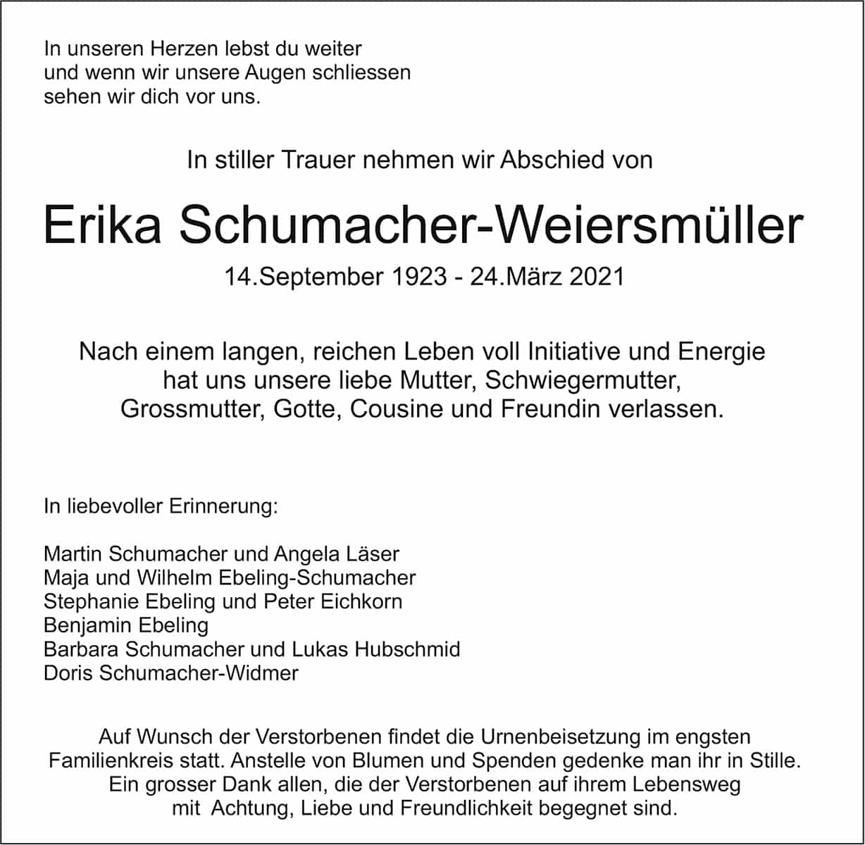 Todesanzeige Erika Schumacher-Weiersmüller 1923 | Der Landanzeiger