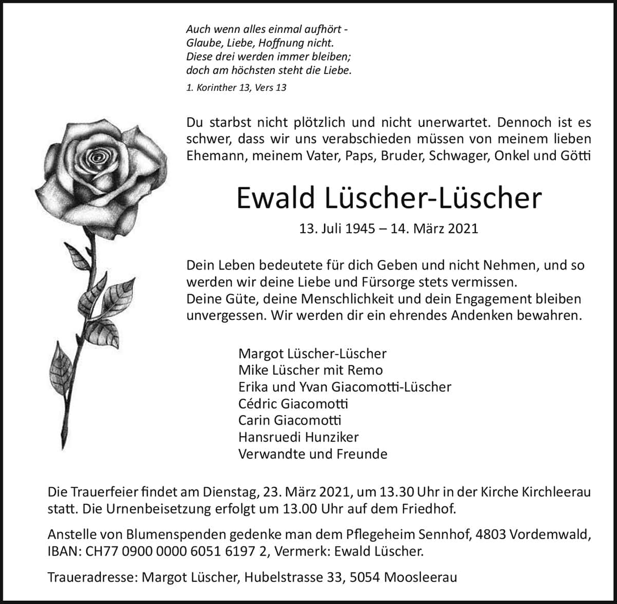 Todesanzeige Ewald Lüscher-Lüscher 1945 | Der Landanzeiger