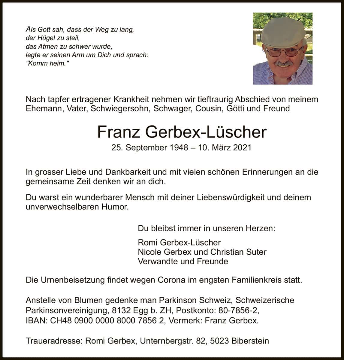 Todesanzeige Franz Gerbex-Lüscher 1948 | Der Landanzeiger