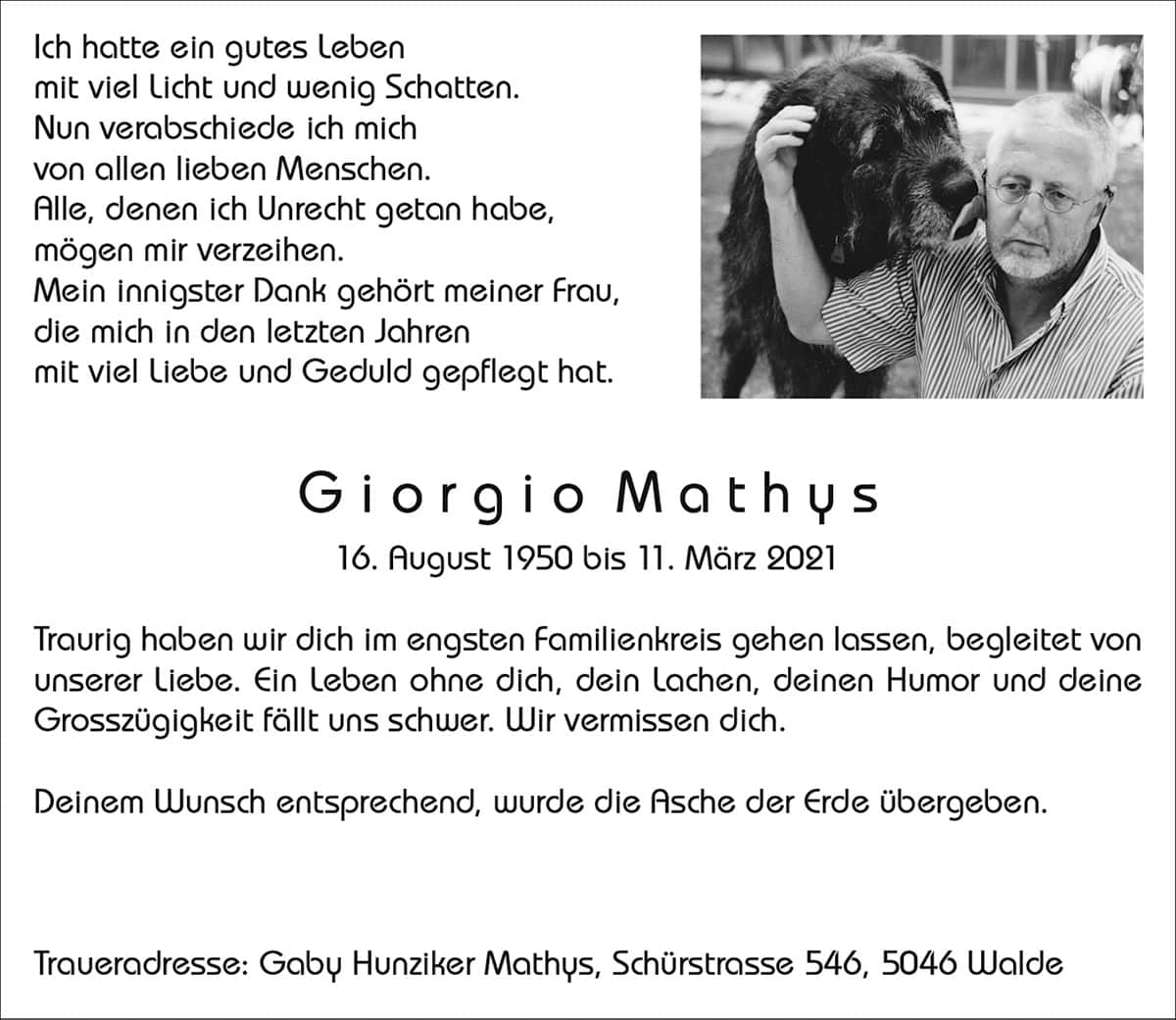 Todesanzeige Giorgio Mathys 1950 | Der Landanzeiger
