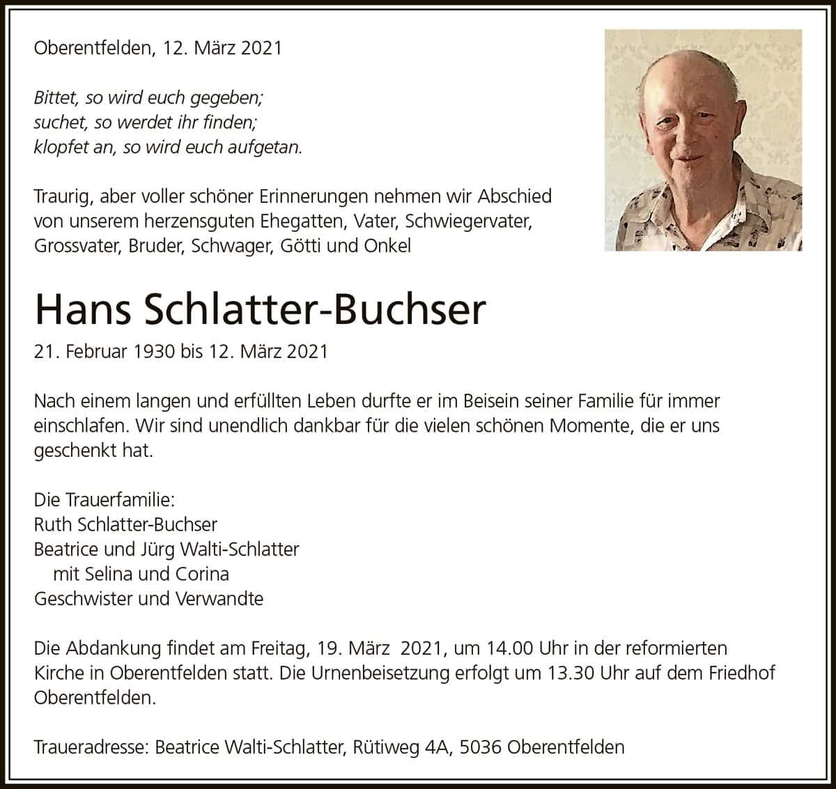 Todesanzeige Hans Schlatter-Buchser 1930 | Der Landanzeiger