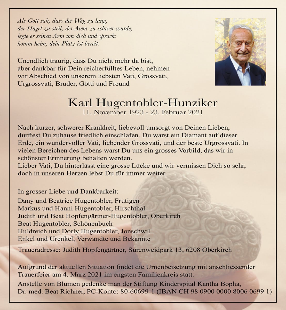 Todesanzeige Karl Hugentobler-Hunziker 1923 | Der Landanzeiger