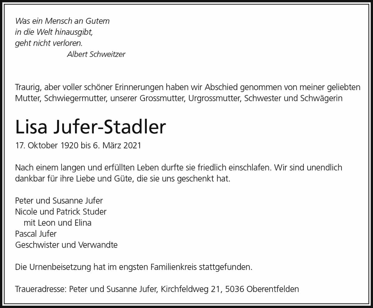 Todesanzeige Lisa Jufer-Stadler 1920 | Der Landanzeiger