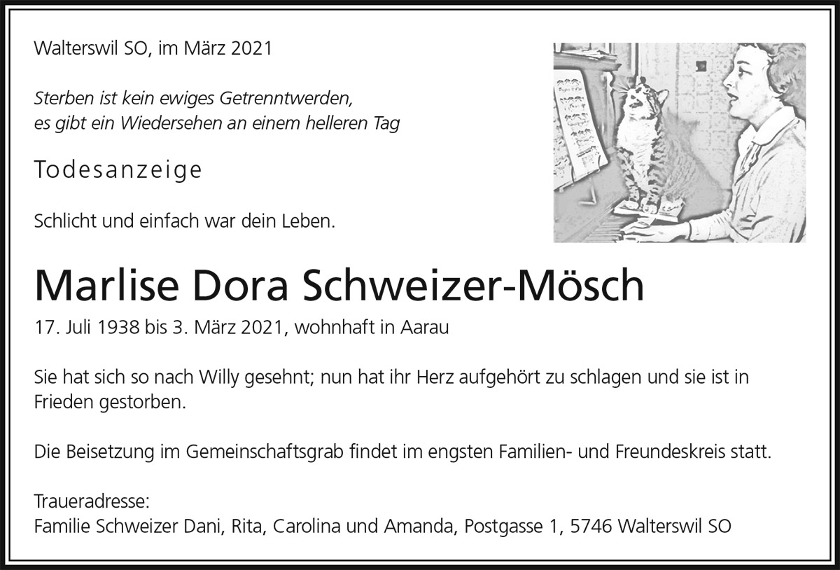 Todesanzeige Marlise Dora Schweizer-Mösch 1938 | Der Landanzeiger