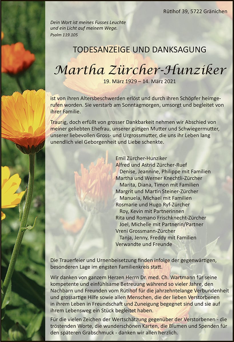 Todesanzeige Martha Zürcher-Hunziker 1929 | Der Landanzeiger