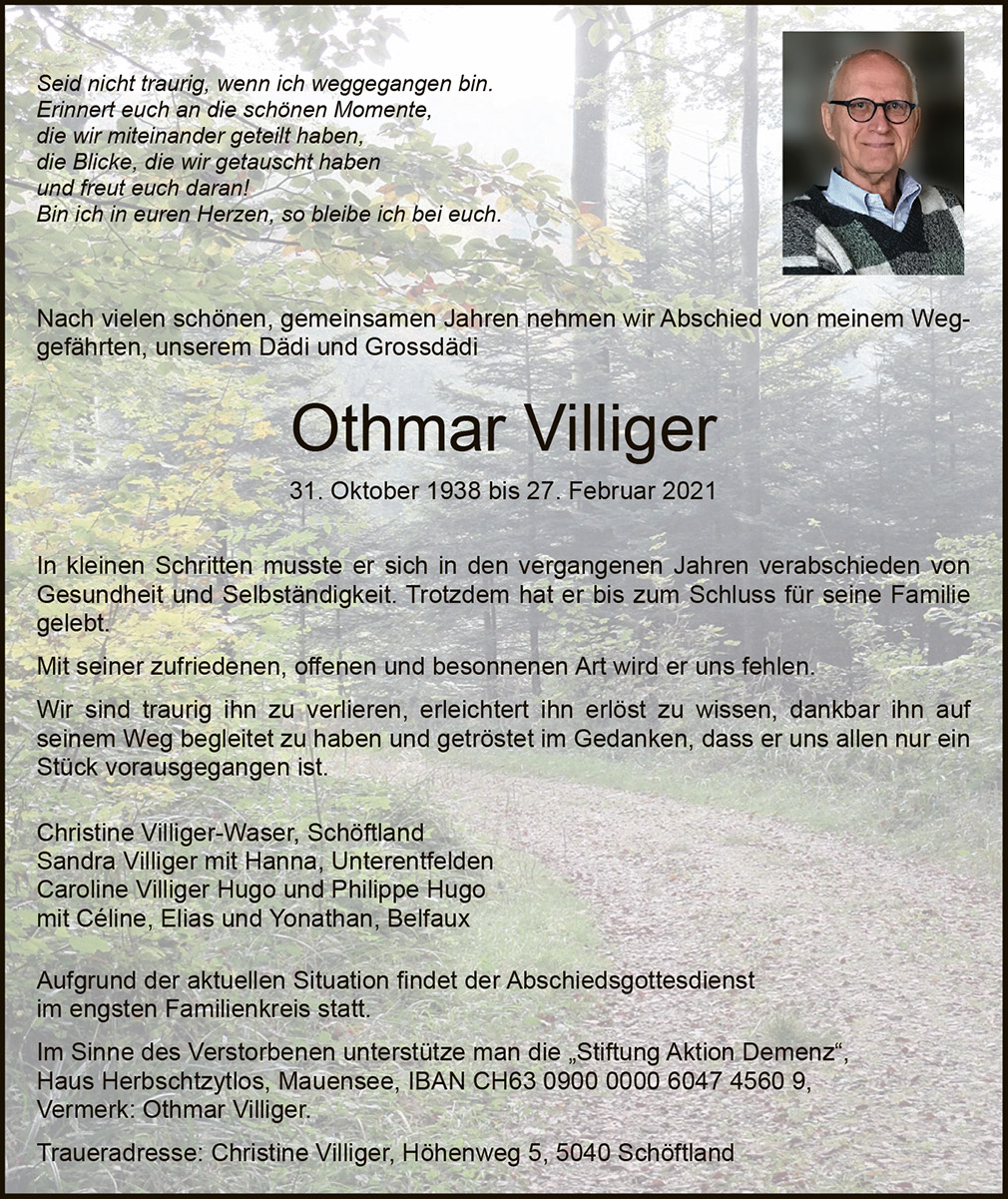 Todesanzeige Othmar Villiger 1938 | Der Landanzeiger