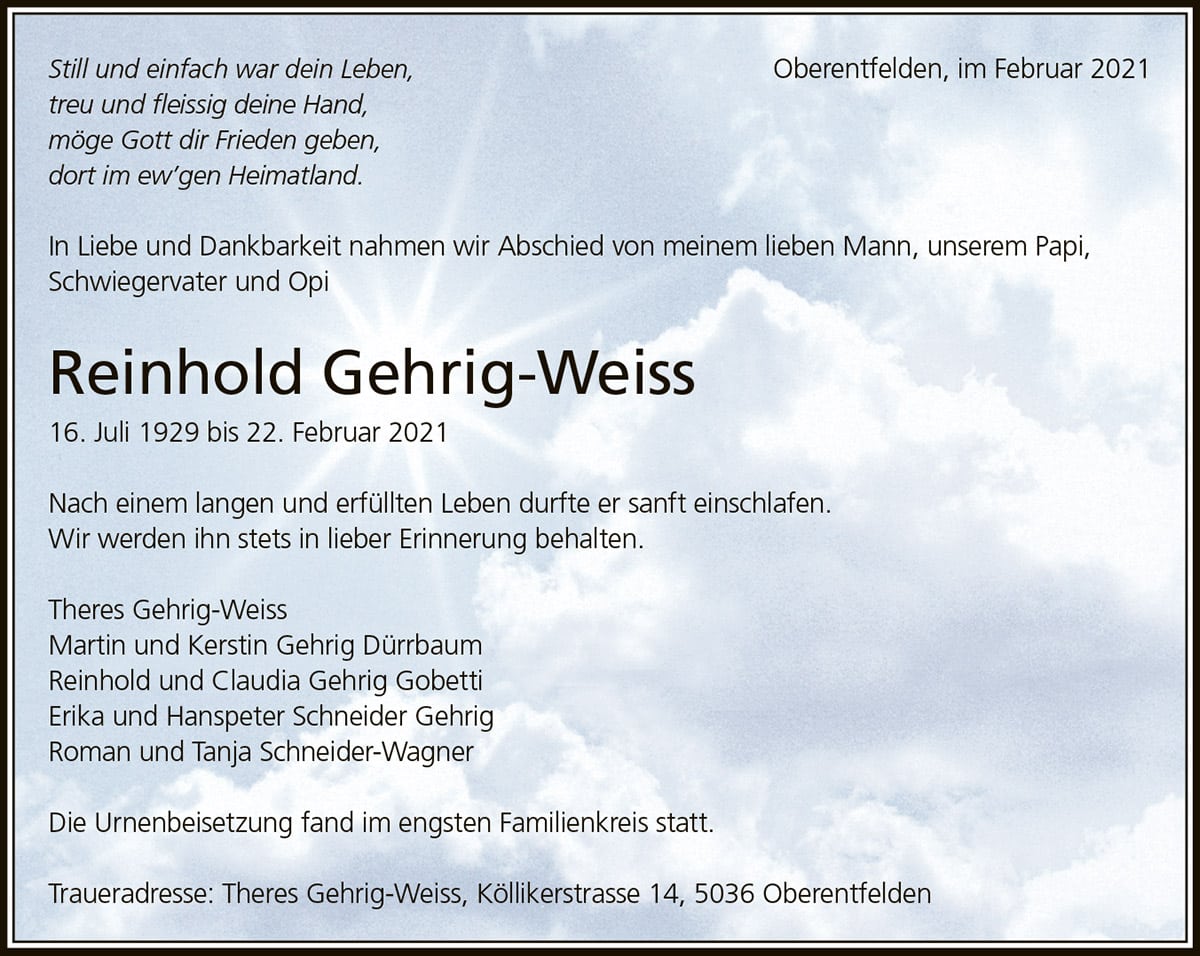 Todesanzeige Reinhold Gehrig-Weiss 1929 | Der Landanzeiger