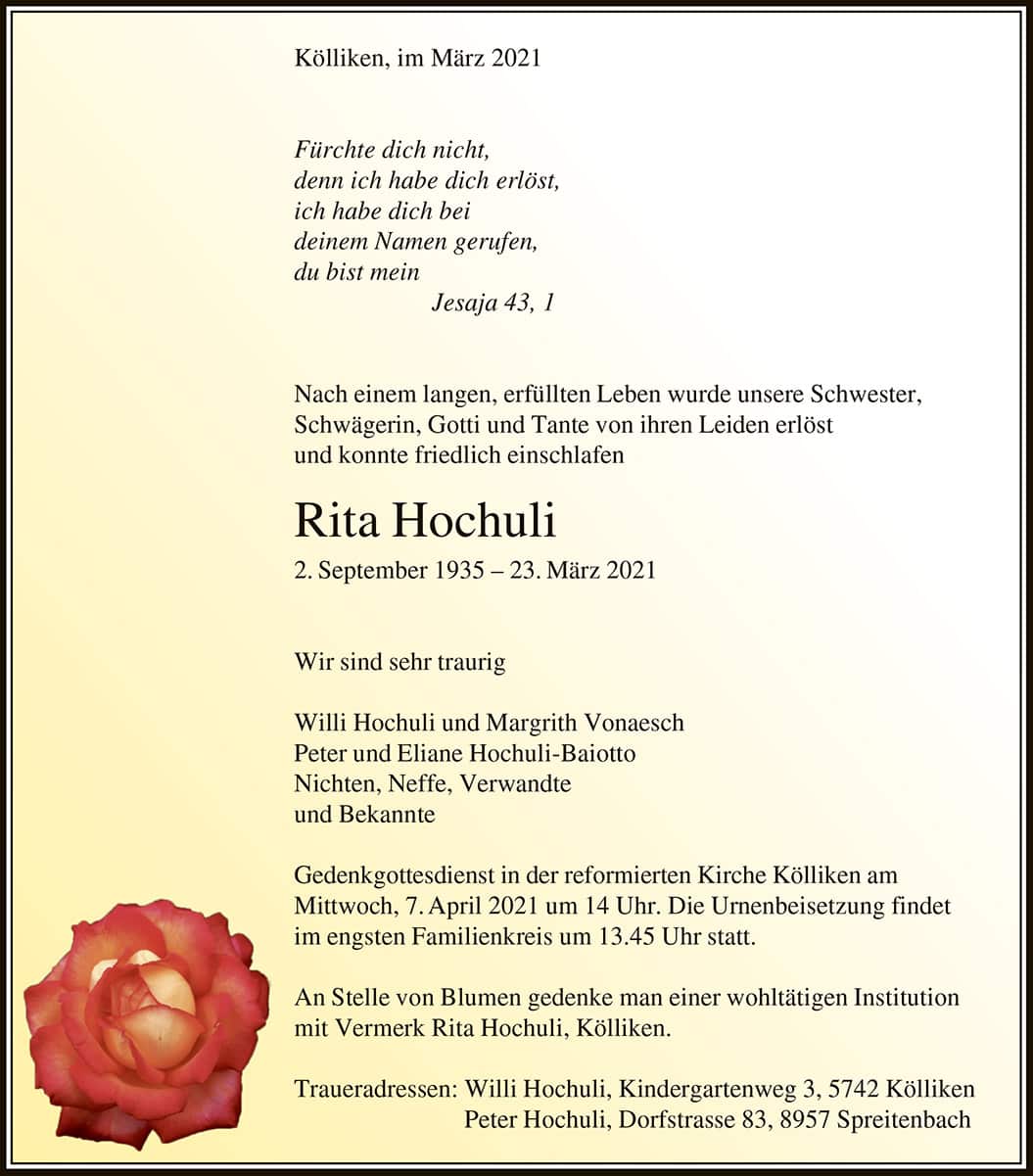 Todesanzeige Rita Hochuli 1935 | Der Landanzeiger