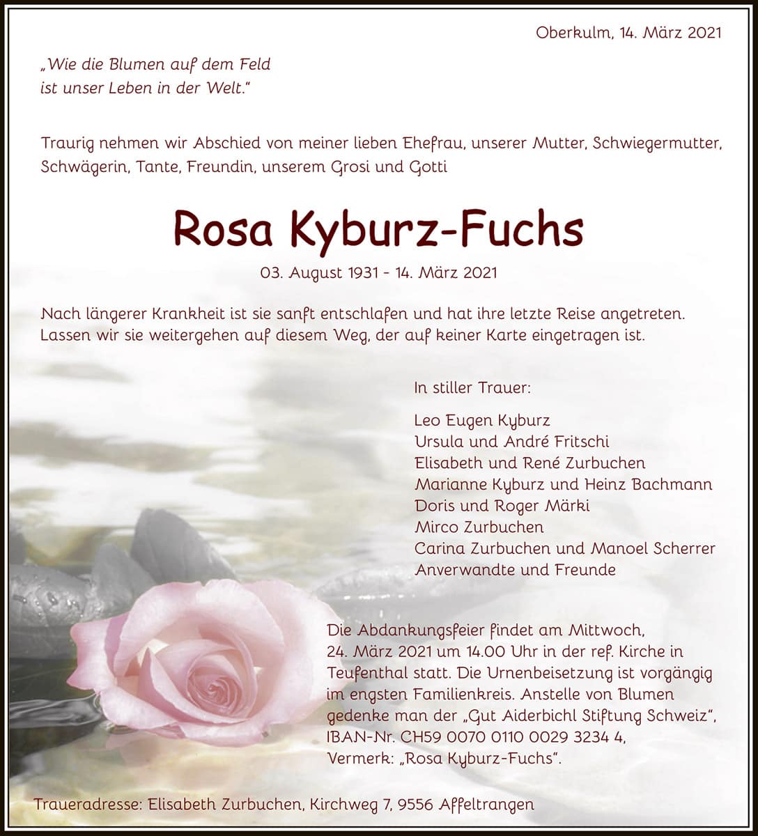 Todesanzeige Rosa Kyburz-Fuchs 1931 | Der Landanzeiger