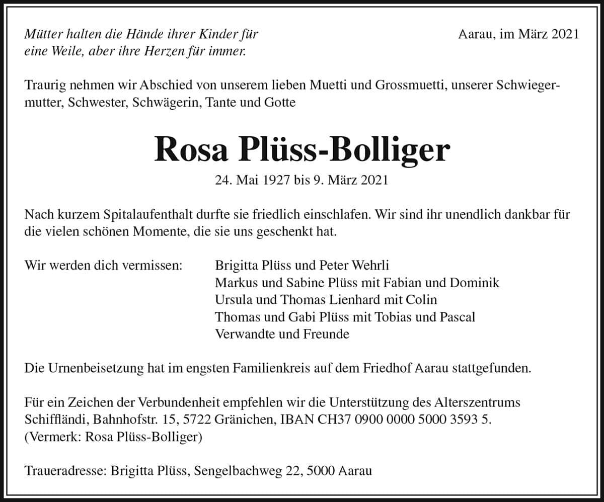 Todesanzeige Rosa Plüss-Bolliger 1927 | Der Landanzeiger