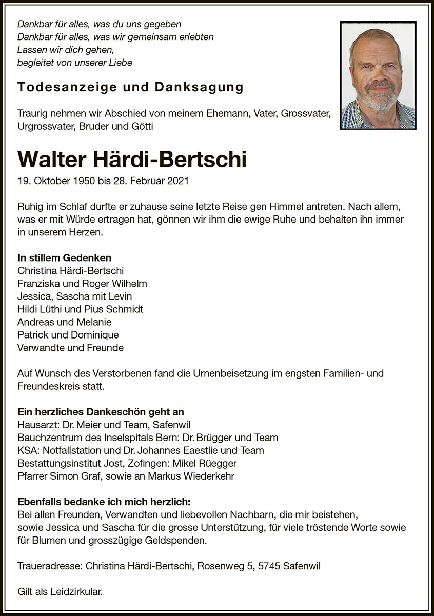 Todesanzeige Walter Härdi-Bertschi 1950 | Der Landanzeiger
