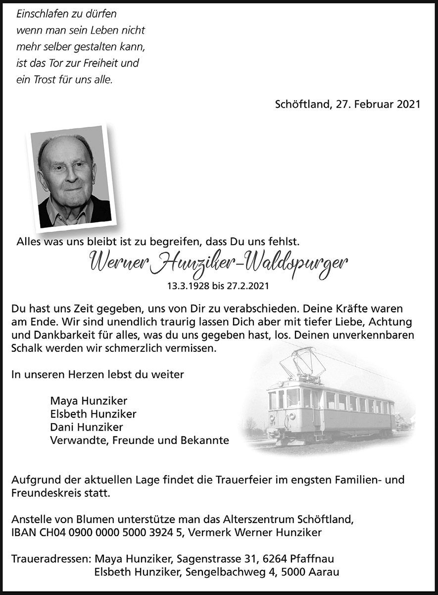 Todesanzeige Werner Hunziker-Waldspurger 1928 | Der Landanzeiger