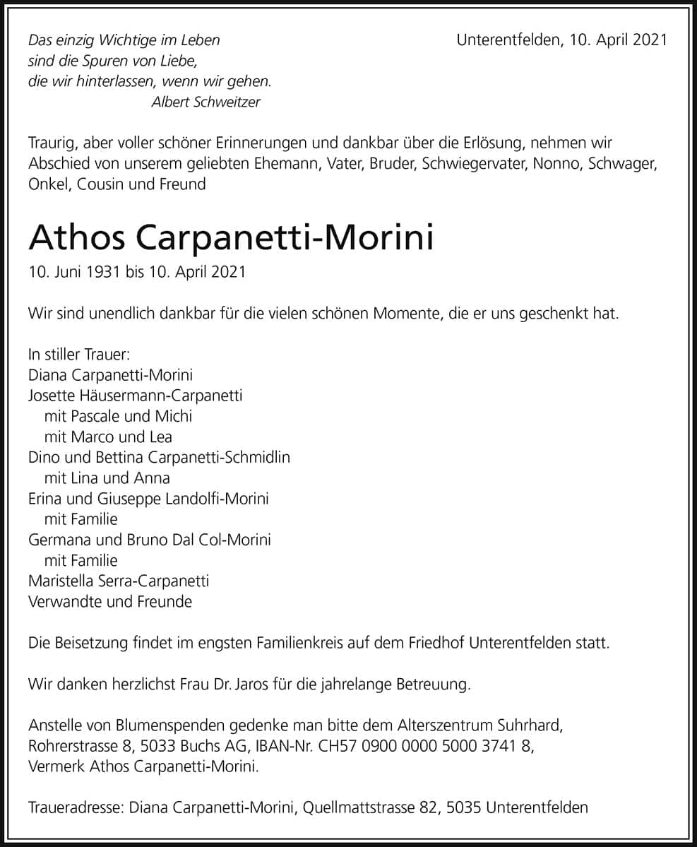 Todesanzeige Athos Carpanetti-Morini 1931 | Der Landanzeiger