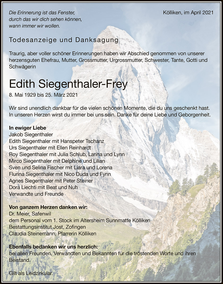 Todesanzeige Edith Siegenthaler-Frey 1929 | Der Landanzeiger