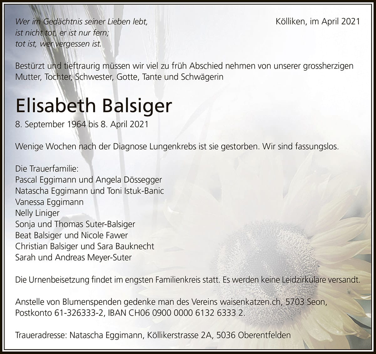 Todesanzeige Elisabeth Balsiger 1964 | Der Landanzeiger