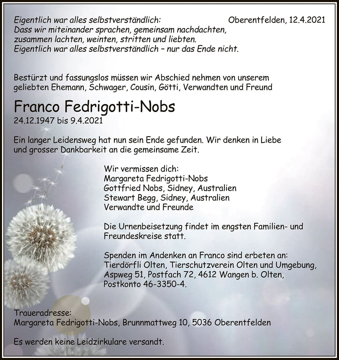 Todesanzeige Franco Fedrigotti-Nobs 1947 | Der Landanzeiger
