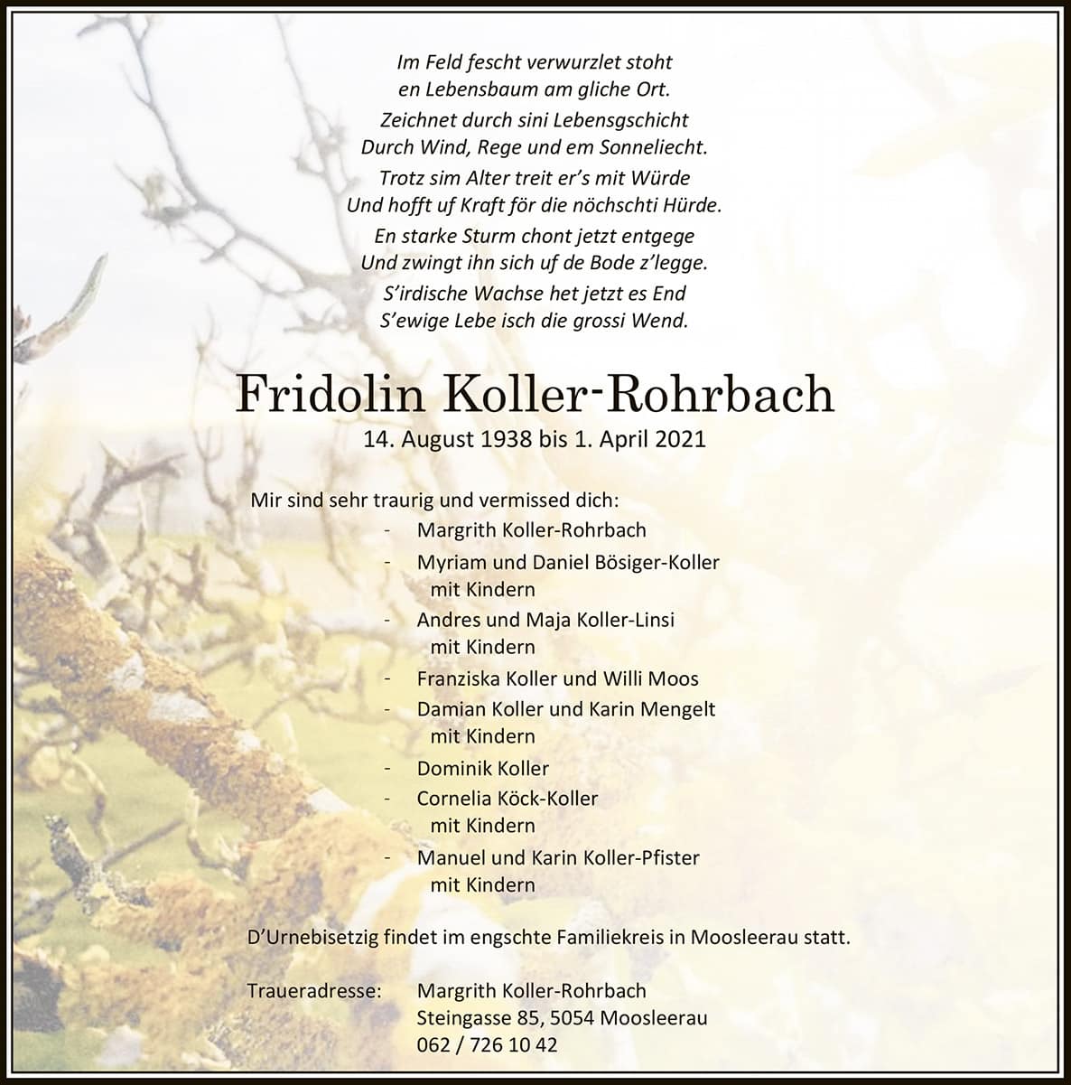 Todesanzeige Fridolin Koller-Rohrbach 1938 | Der Landanzeiger