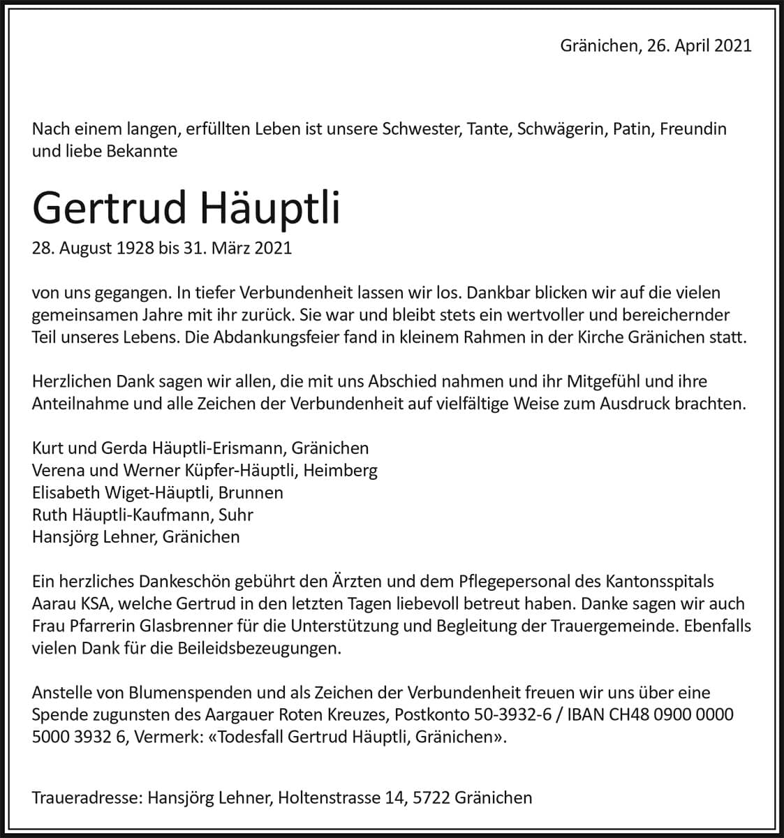 Todesanzeige Gertrud Häuptli 1928 | Der Landanzeiger