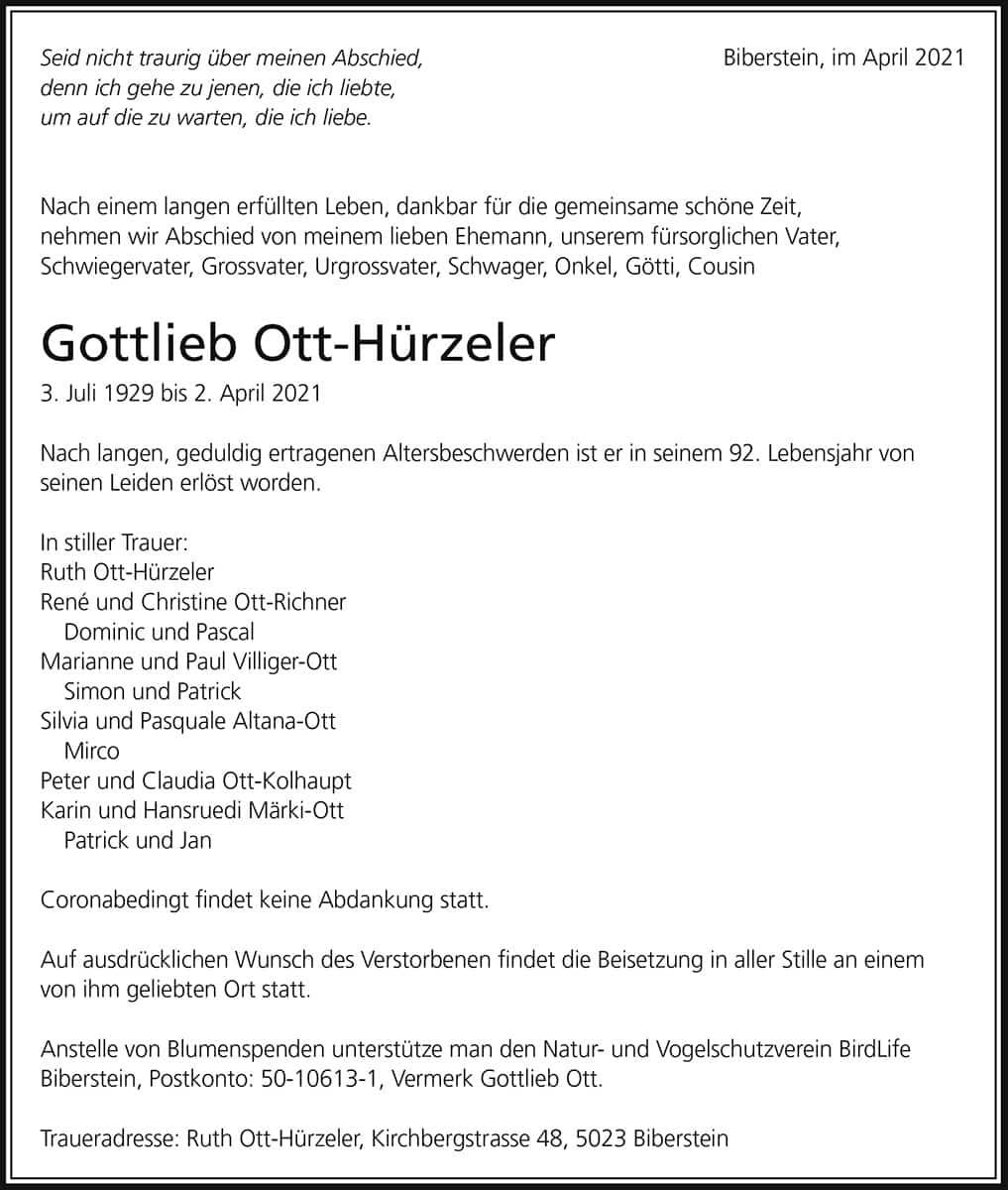 Todesanzeige Gottlieb Ott-Hürzeler 1929 | Der Landanzeiger