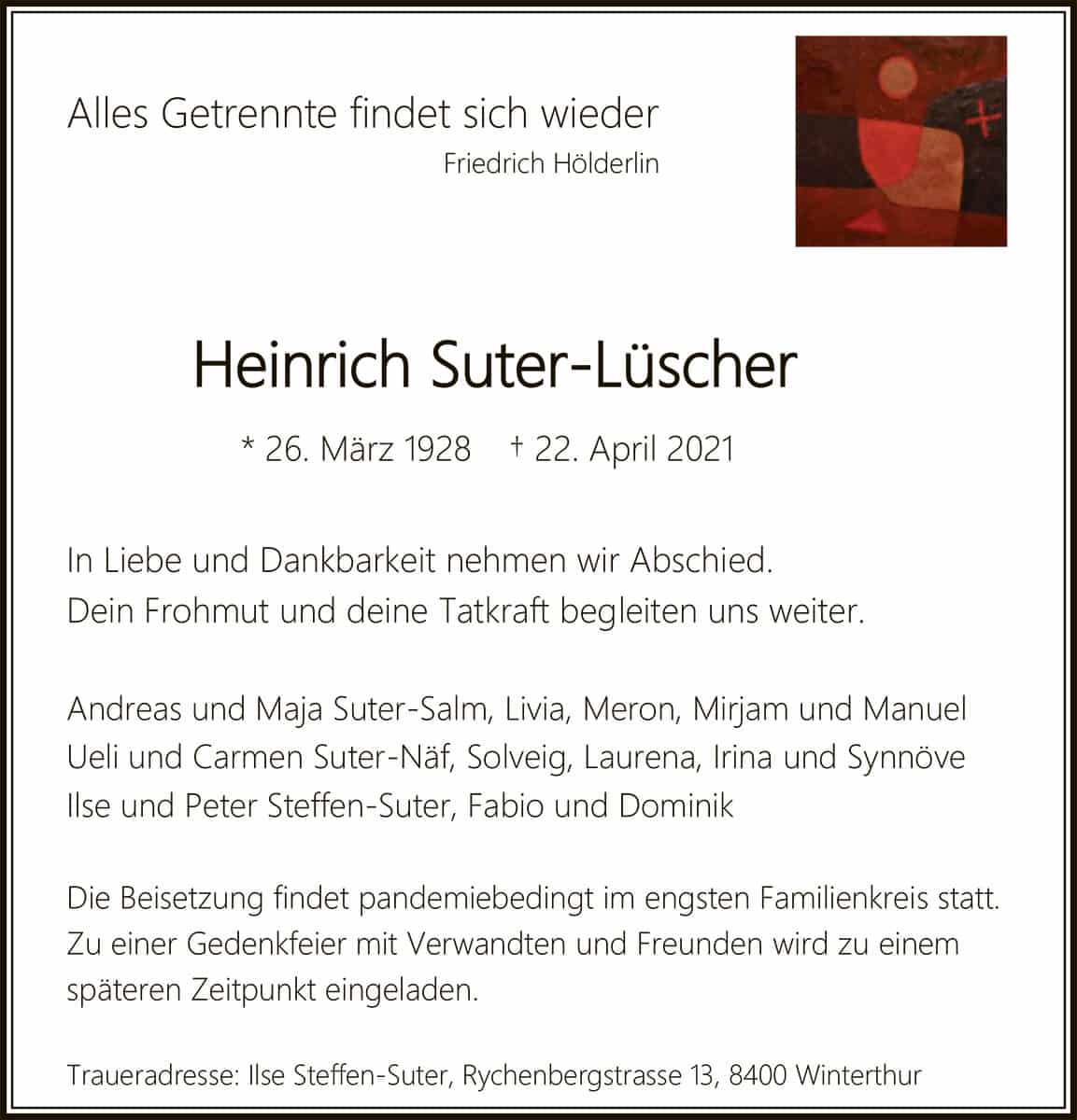 Todesanzeige Heinrich Suter-Lüscher 1928 | Der Landanzeiger