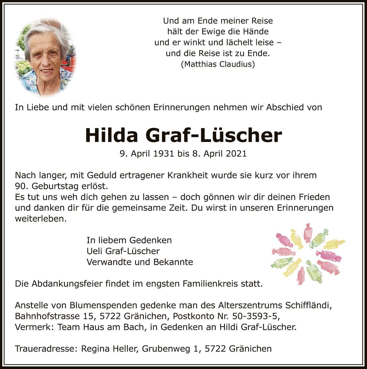 Todesanzeige Hilda Graf-Lüscher 1931 | Der Landanzeiger