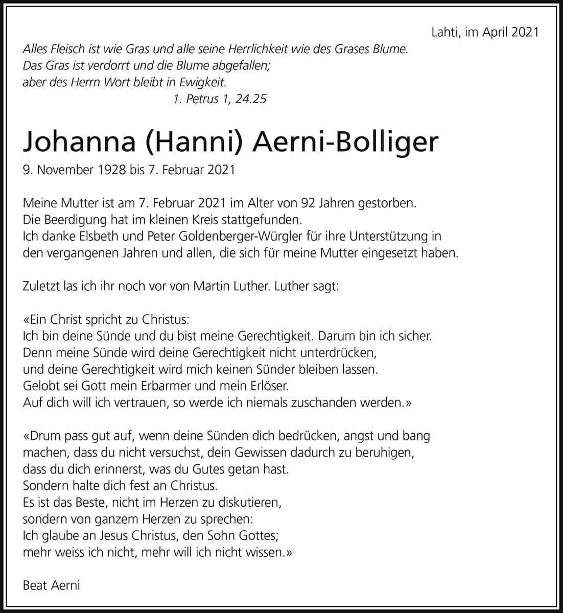 Todesanzeige Johanna (Hanni) Aerni-Bolliger 1928 | Der Landanzeiger