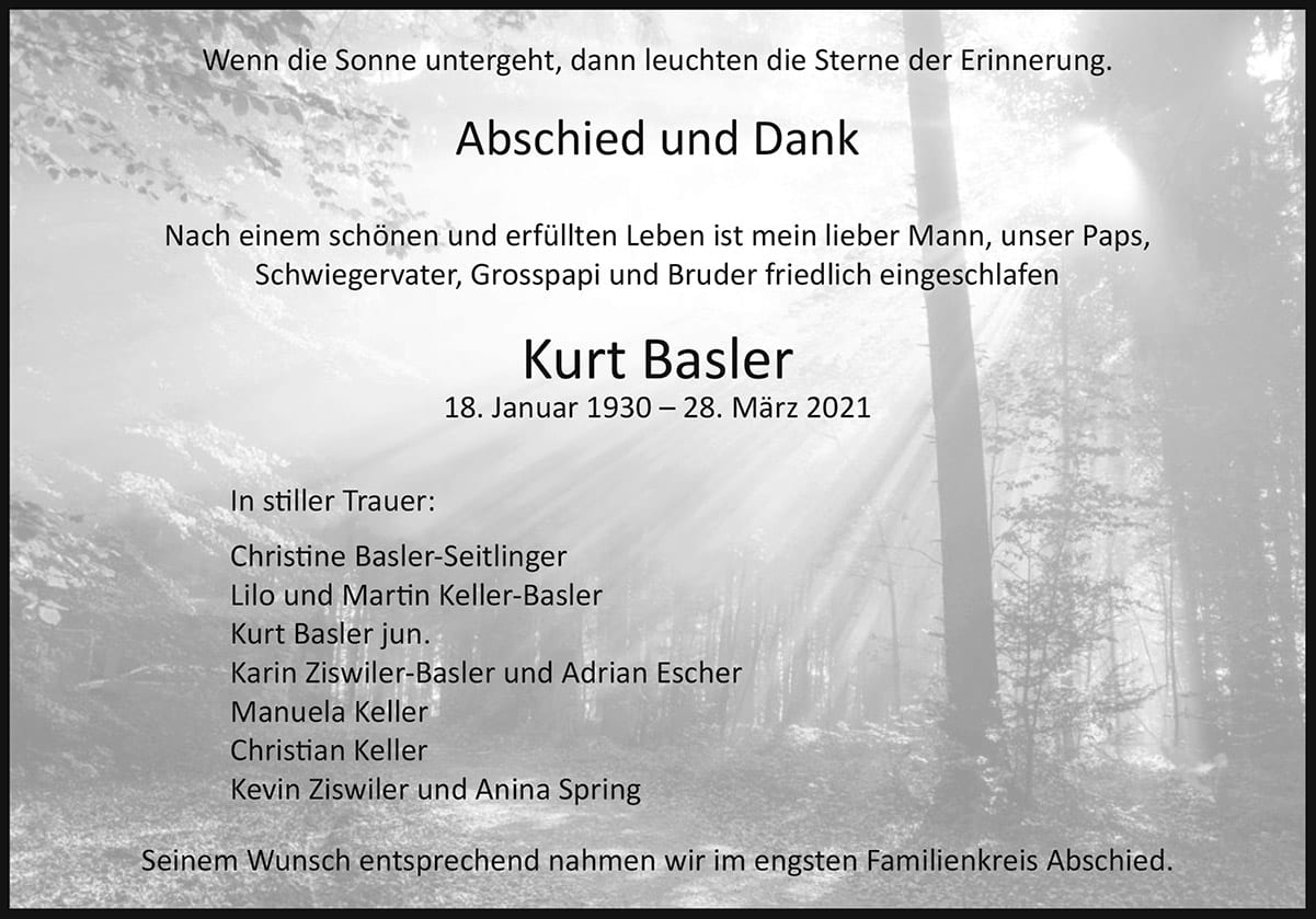 Todesanzeige Kurt Basler 1930 | Der Landanzeiger