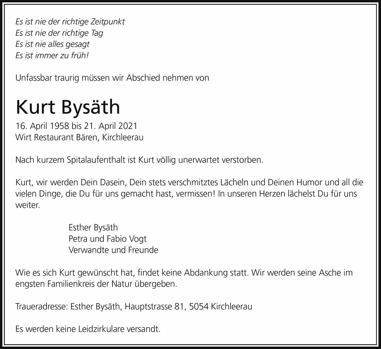Todesanzeige Kurt Bysäth 1958 | Der Landanzeiger