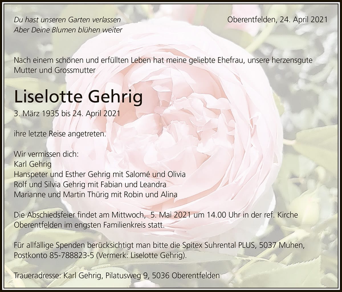 Todesanzeige Liselotte Gehrig 1935 | Der Landanzeiger