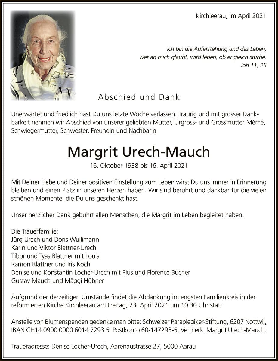 Todesanzeige Margrit Urech-Mauch 1938 | Der Landanzeiger