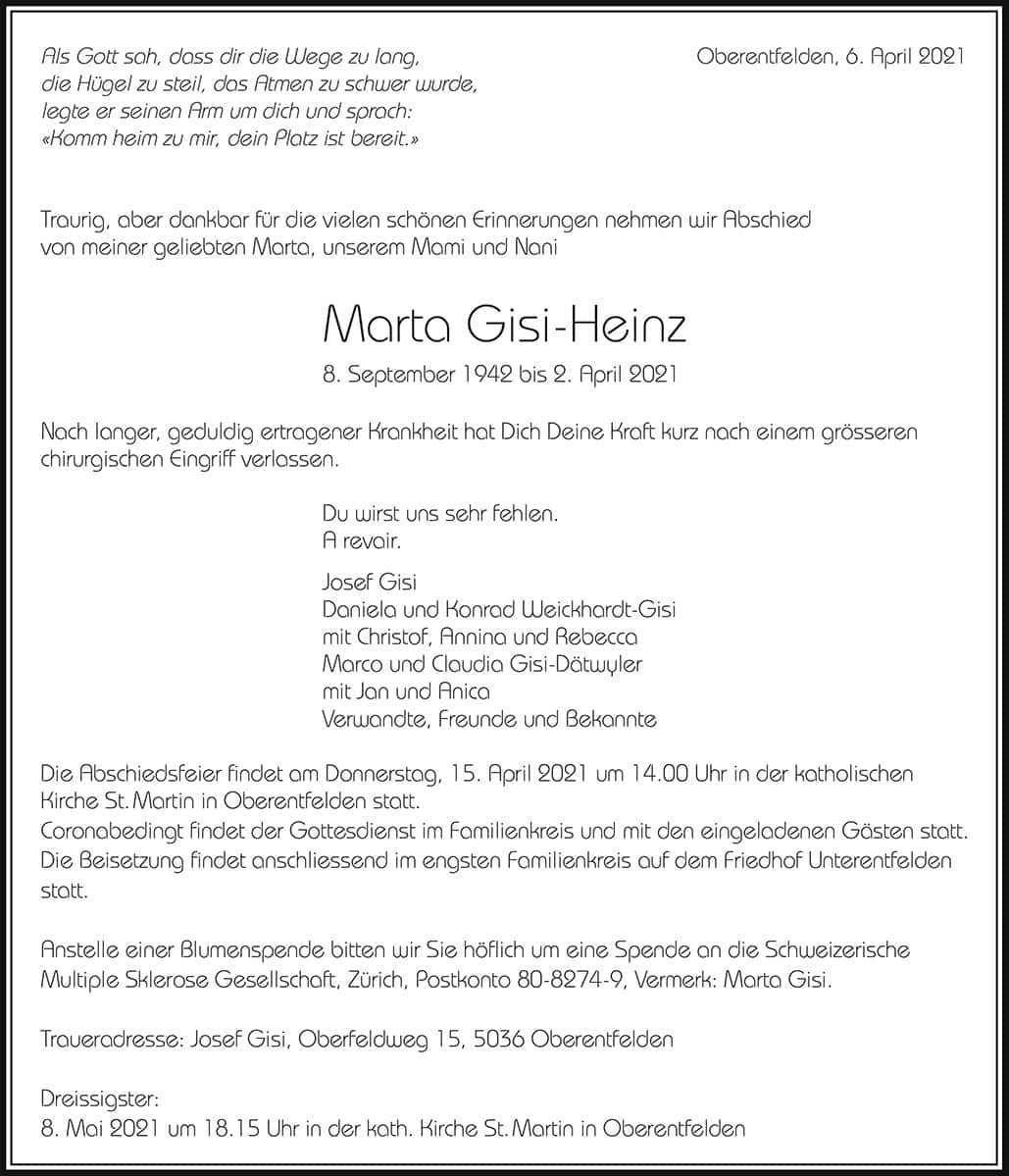 Todesanzeige Marta Gisi-Heinz 1942 | Der Landanzeiger