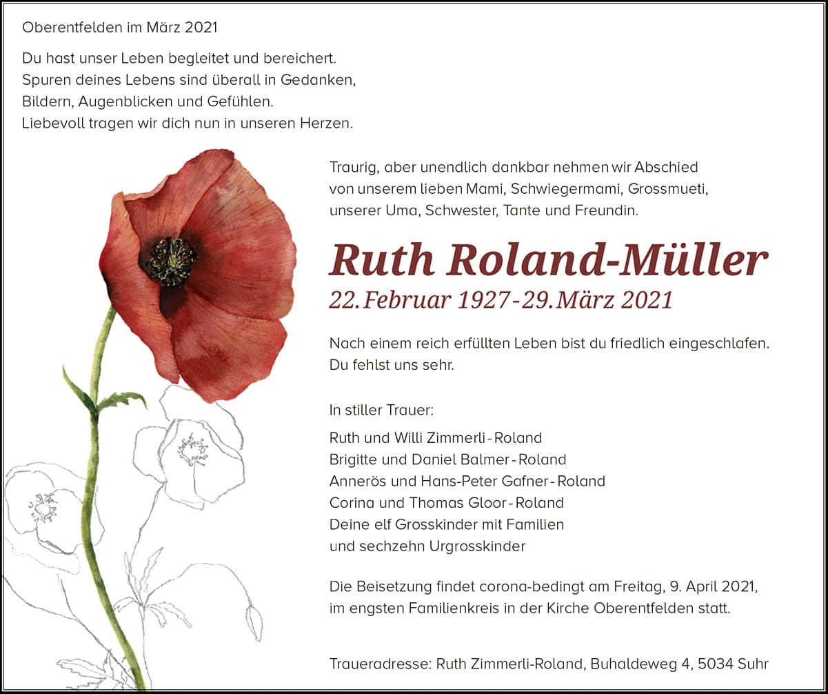 Todesanzeige Ruth Roland-Müller 1927 | Der Landanzeiger