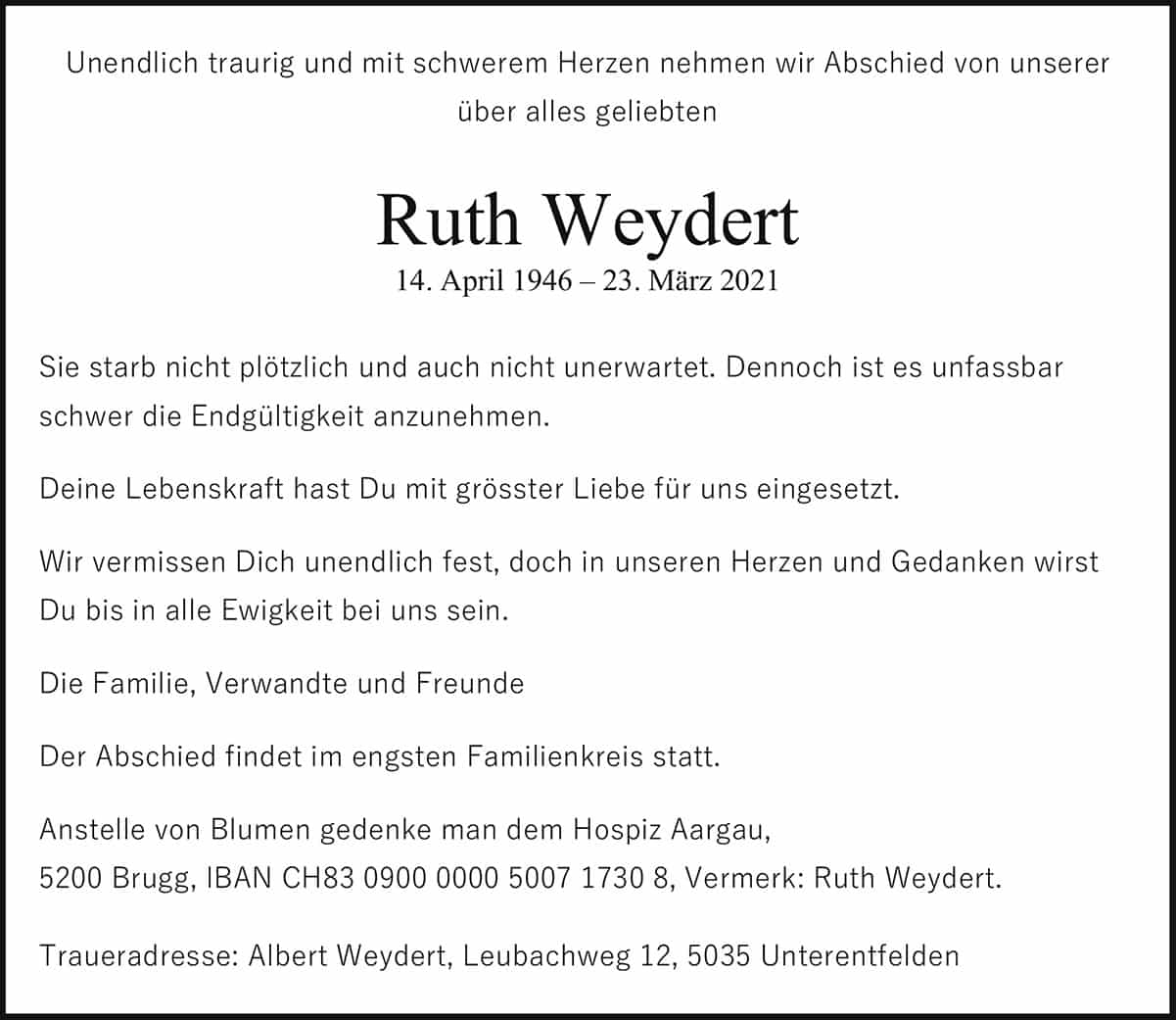 Todesanzeige Ruth Weydert 1946 | Der Landanzeiger