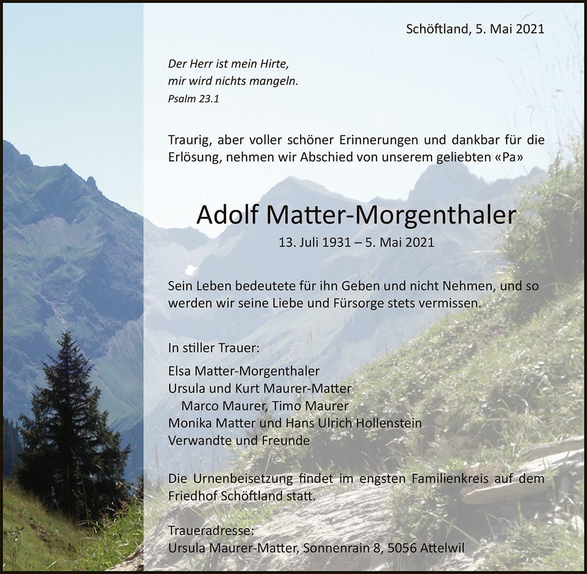 Todesanzeige Adolf Matter-Morgenthaler 1931 | Der Landanzeiger