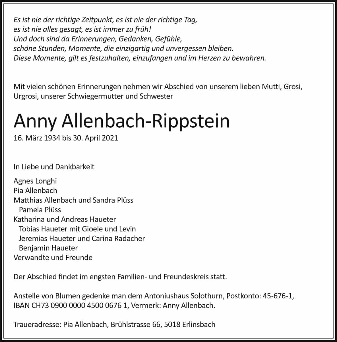Todesanzeige Anny Allenbach-Rippstein 1934 | Der Landanzeiger