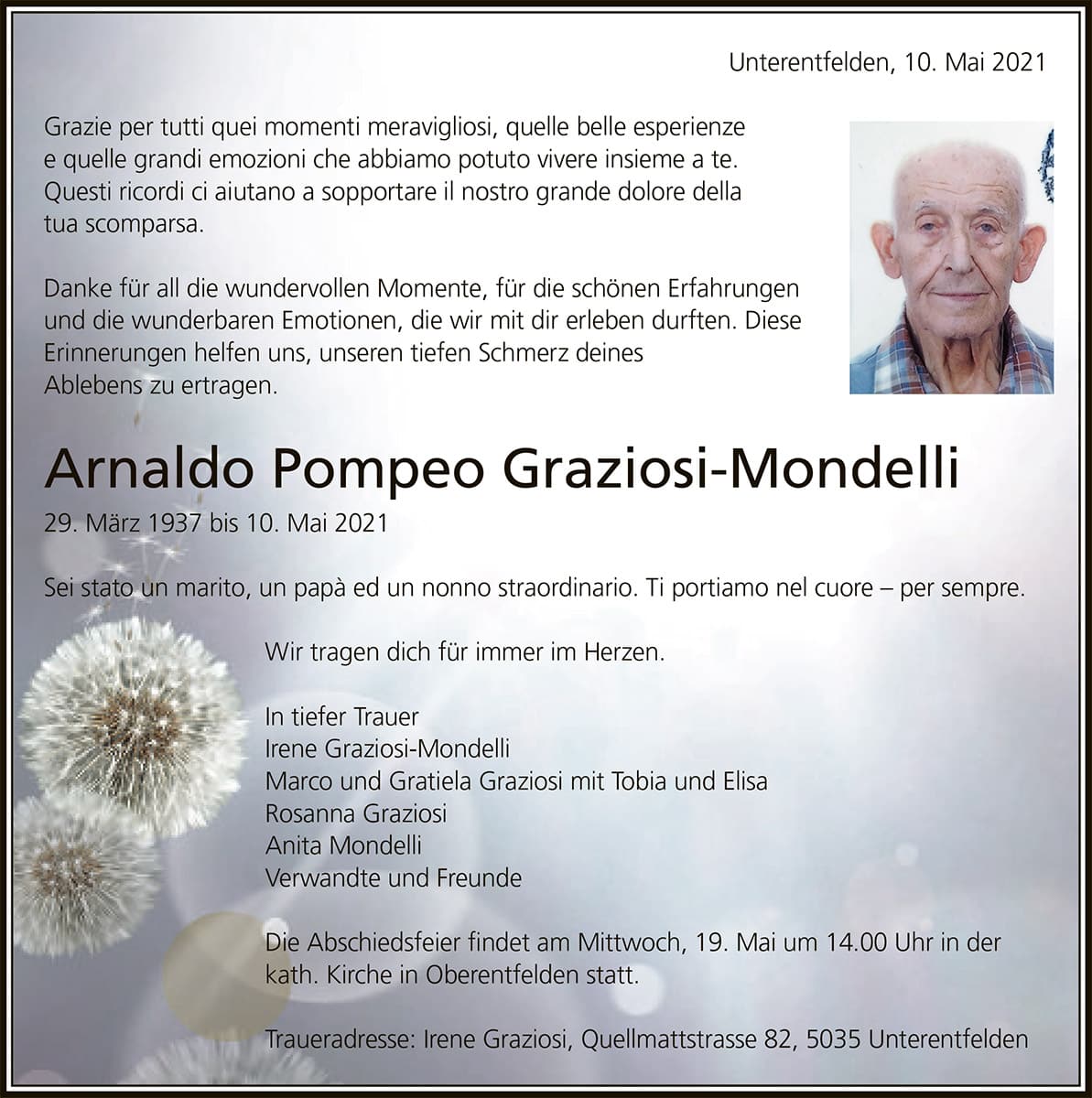 Todesanzeige Arnaldo Pompeo Graziosi-Mondelli 1937 | Der Landanzeiger
