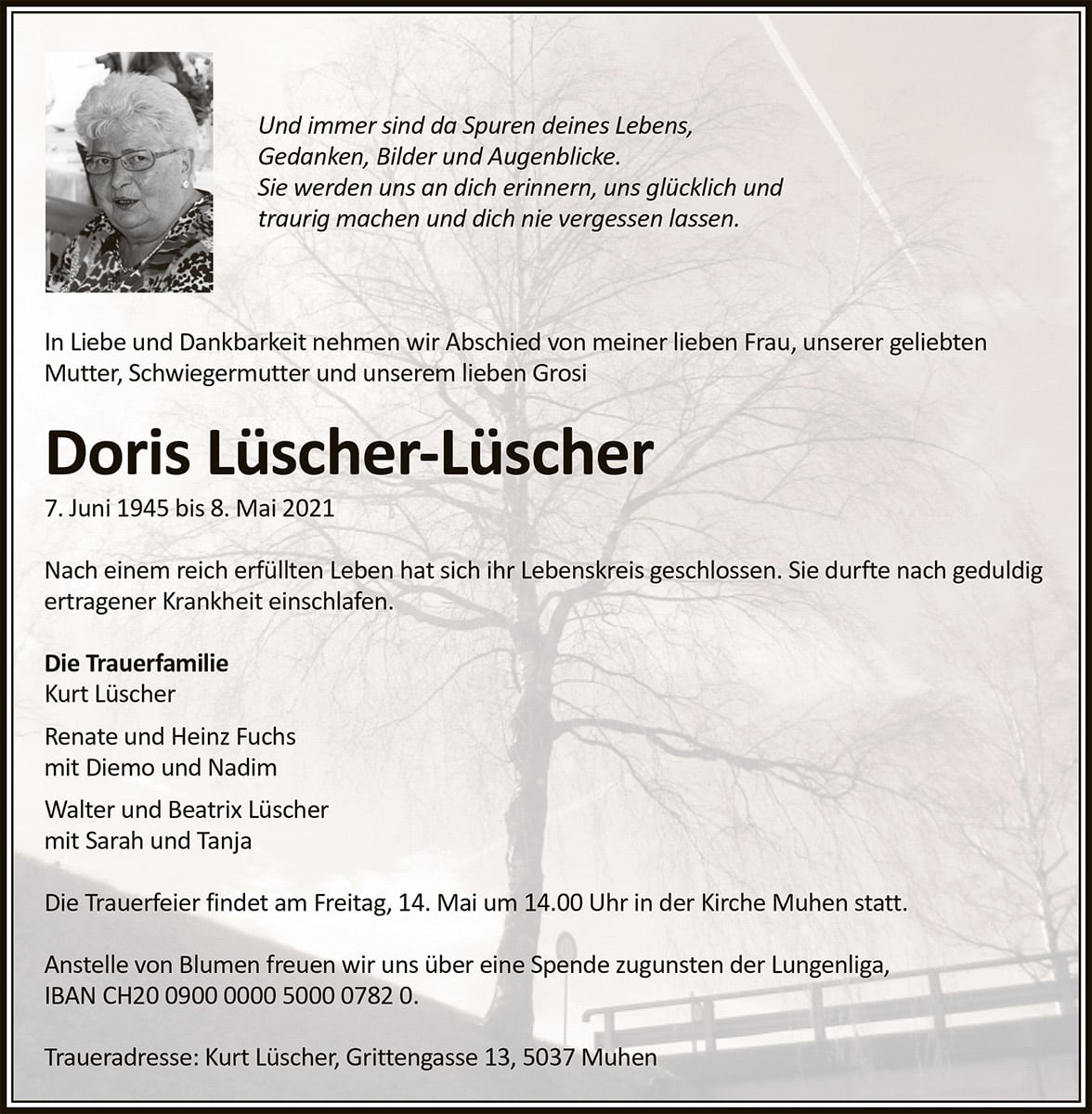 Todesanzeige Doris Lüscher-Lüscher 1945 | Der Landanzeiger