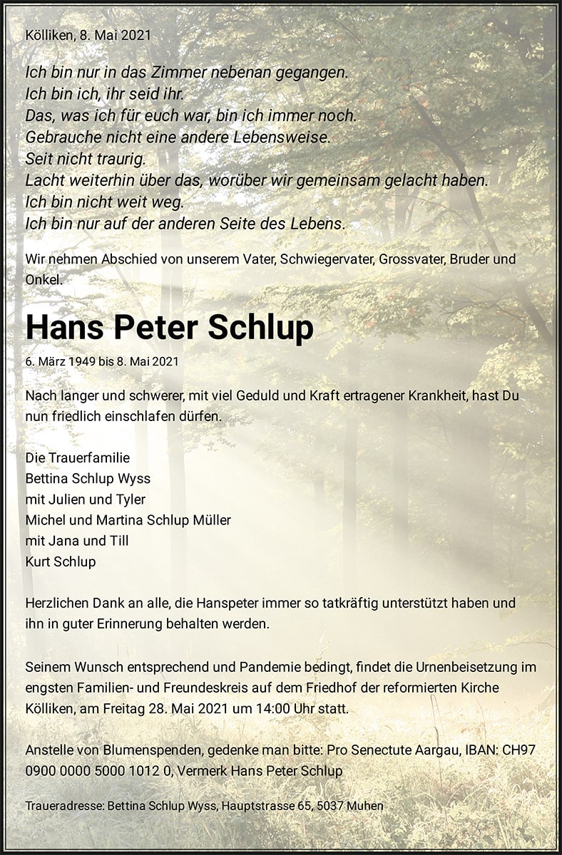 Todesanzeige Hans Peter Schlup 1949 | Der Landanzeiger