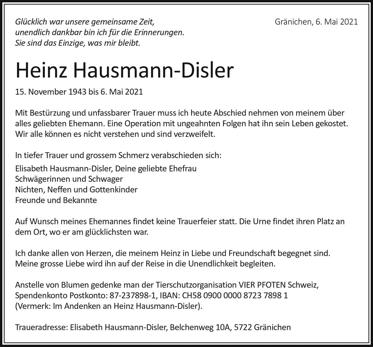 Todesanzeige Heinz Hausmann-Disler 1943 | Der Landanzeiger