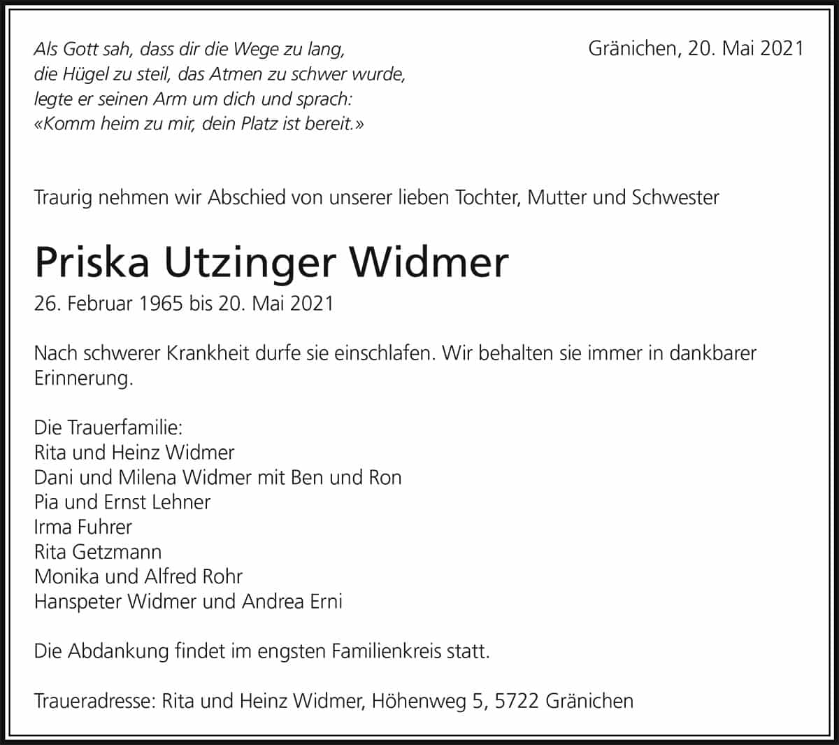 Todesanzeige Priska Utzinger Widmer 1965 | Der Landanzeiger
