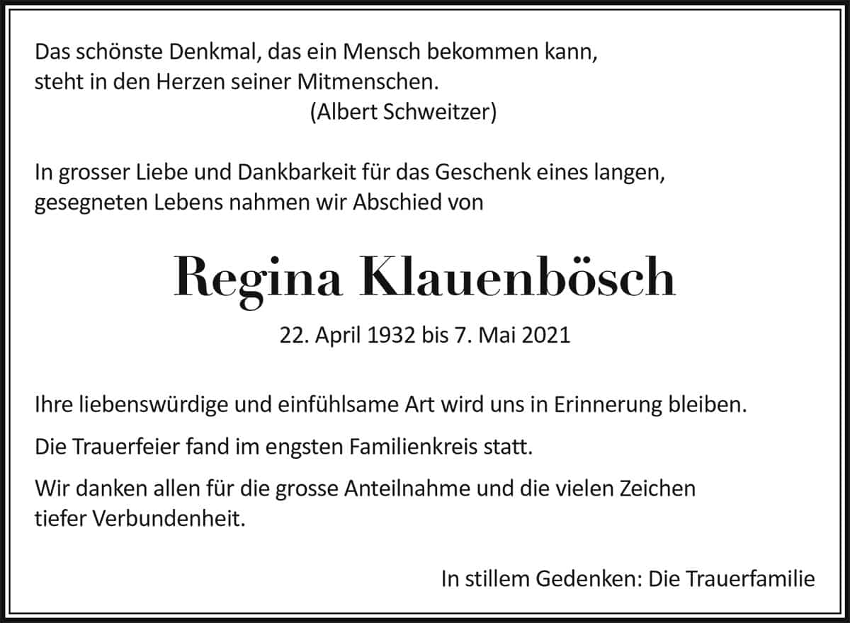 Todesanzeige Regina Klauenbösch 1932 | Der Landanzeiger