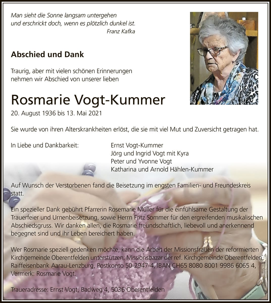 Todesanzeige Rosmarie Vogt-Kummer 1936 | Der Landanzeiger