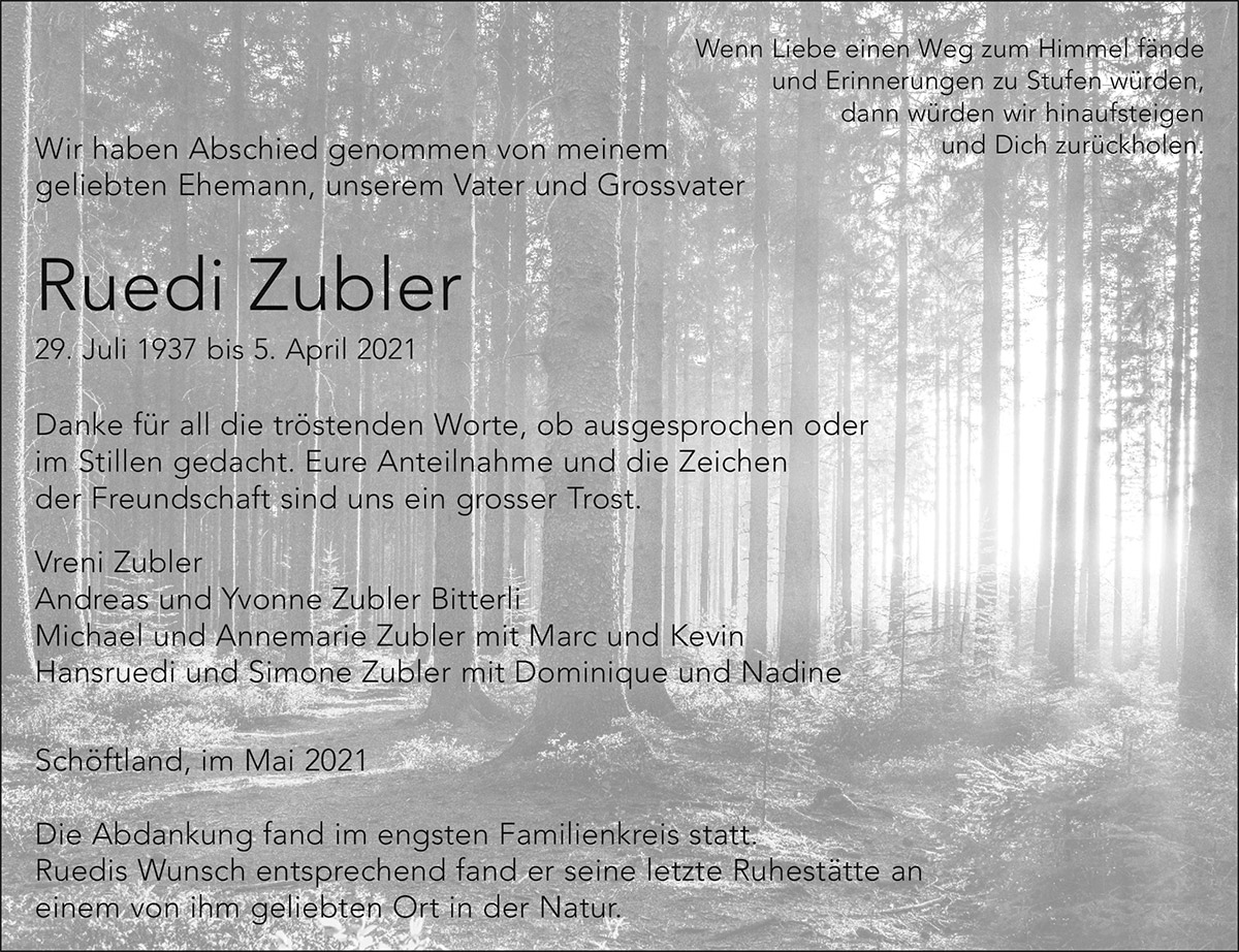 Todesanzeige Ruedi Zubler 1937 | Der Landanzeiger