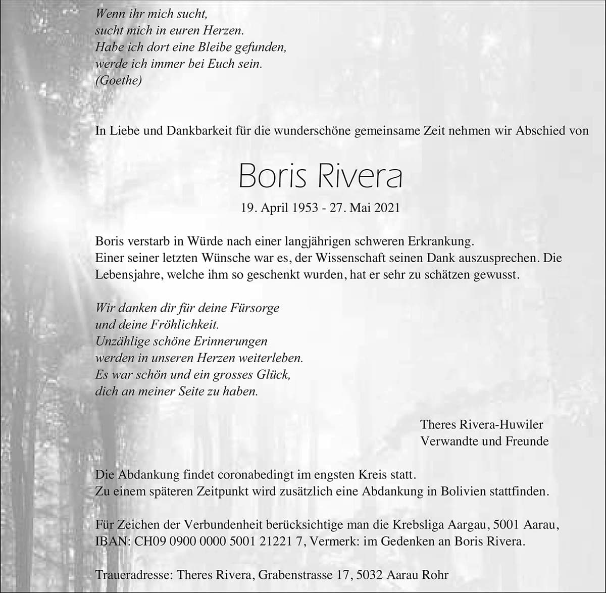 Todesanzeige Boris Rivera 1953 | Der Landanzeiger