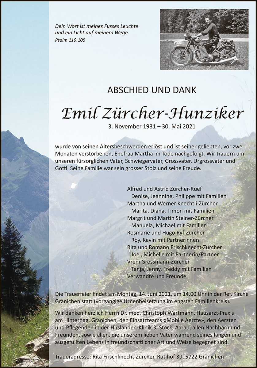 Todesanzeige Emil Zürcher-Hunziker 1931 | Der Landanzeiger